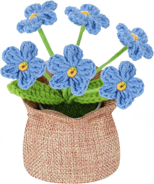 Crochet Flower Plant, Empathetic Flower Gift for Women & Men, Perfect for Birthday, Christmas, Mother's Day, Desk Decor, Birthday Decorations, Kids Party Decoration. Blue Myosotis.