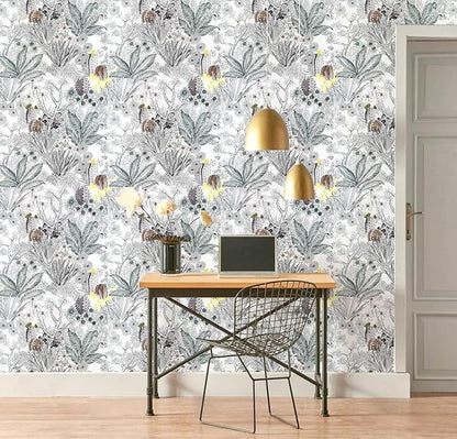Wudnaye Gray Floral Peel and Stick Wallpaper Vintage Contact Paper 17.7 inch × 196.8 inch Self Adhesive Cactus Wall Paper Stick and Peel Flower Removable Botanical Wallpaper for Bathroom Boho