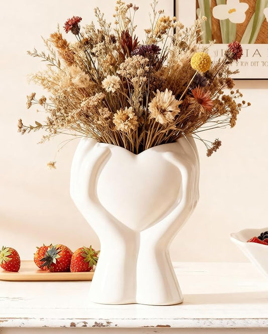 A Heart Held in Two Hands White Vases for Flowers - Cute Modern Small Ceramic Flower Vase for Pampas Grass - Decorative Table Vase for Coffee or Dining Table Centerpiece, Shelf - Gift for Mom (White)