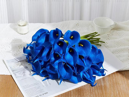 24 Pcs Blue Artificial Calla Lily Flowers Fake Blue Silk Flowers Real Touch for Wedding Bouquet Office Home Kitchen Decor