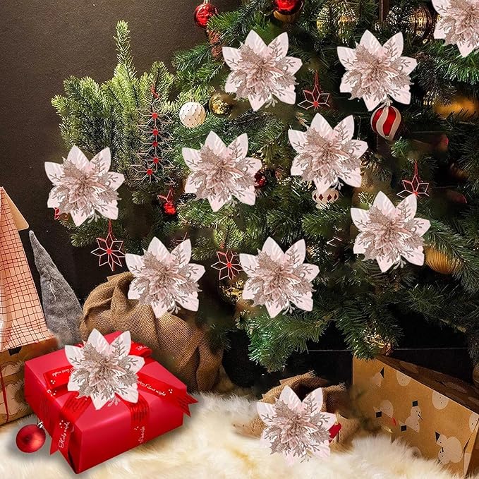 Zhuqing 15Pcs Christmas Poinsettia Artificial Flowers Decorations, Glitter Poinsettia Christmas Tree Ornaments, Rosegold Tree Flower for Xmas/Party/Holiday/Wreath/Garland Decor, with Cilps, 5.5 Inch
