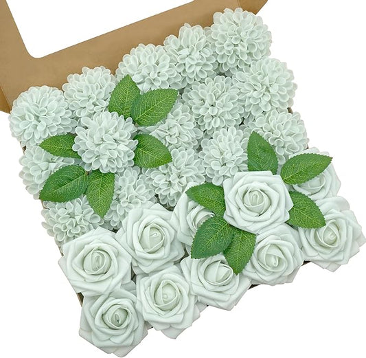 Artificial Flowers, 25pcs Artificial Rose for DIY Wedding Bouquets Centerpieces Arrangements, Light Green Rose Flowers with Stem for Bridal Shower Party Home Decorations