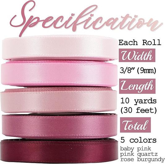 HUIHUANG Pink Ribbon Pack Satin Ribbon Assortment 5 Colors Double Face Valentine's Day Ribbon for Gift Wrapping Wedding Decor Baby Shower Decor, 3/8" X 10 Yard Each Total 50 Yds Per Package