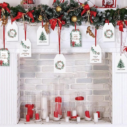 100 Pcs Christmas Paper Gift Tags Watercolor Plants Xmas Winter Seasonal Wishes Hanging Label Tags with Hemp Rope for Xmas Holiday Gift Wrapping DIY Crafts, 4 Designs