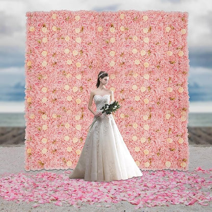 Eapmic 15"x 15" Artificial Flower Wall Panels,Flower Wall Mat Silk Flower Panels for Outdoor Garden Backyard Fence Fence Privacy Screen and Indoor Wall Decor(12Pcs Pink+Champagne)
