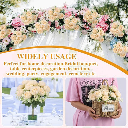 8 Pack Champagne Peonies Artificial Flowers, Cream Fake Silk Hydrangea Bouquet for Bridal Wedding Home Table Decor Reusable Dining Opening Ceremony Birthday Arrangement Faux Floral