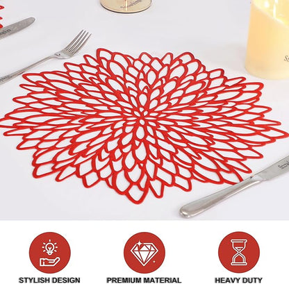 Snowkingdom 12 Pack Red Placemats Metallic Shiny Pressed Vinyl Dining Mats Round Leaf Floral Table Decoration for Halloween Mother's Day Christmas Valentine's Day Weddings Holiday Celebrations