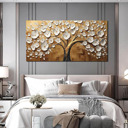 Large Wall Art for Living Room Bedroom Office Tree Art Wall Decor Gold Artwork Tree of Life Wall Art White Flower Framed Wall Decor Modern Canvas Prints 29x59 In