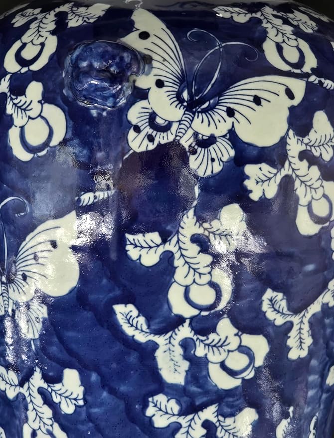 19" Antique Like Finish Blue and White Ginger Jars Porcelain Temple Ceramic Ginger Jar Vase, Blue Butterfly China Ming Style, Jingdezhen(L1)