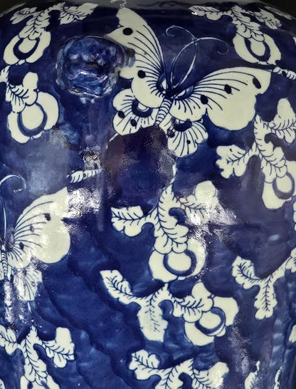 19" Antique Like Finish Blue and White Ginger Jars Porcelain Temple Ceramic Ginger Jar Vase, Blue Butterfly China Ming Style, Jingdezhen(L1)