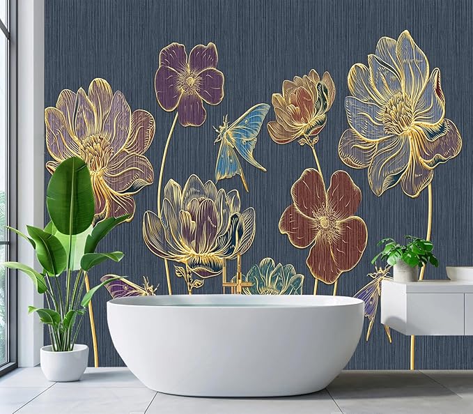 Eierme-Gold Embossed Plants and Flowers Mural Wallpaper Peel and Stick 90" x 67"