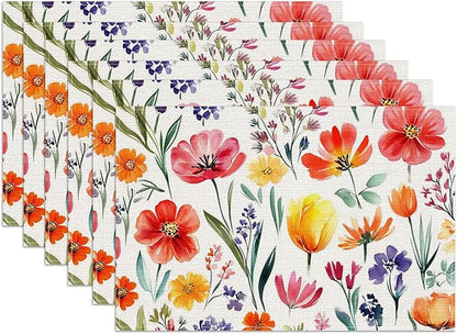 Red Flower Placemats Set of 6, Spring Summer Floral Linen Place Mat Washable Stain Resistant Table Mats for Farmhouse Kitchen Dining Party Wedding Decor 12x18 Inch