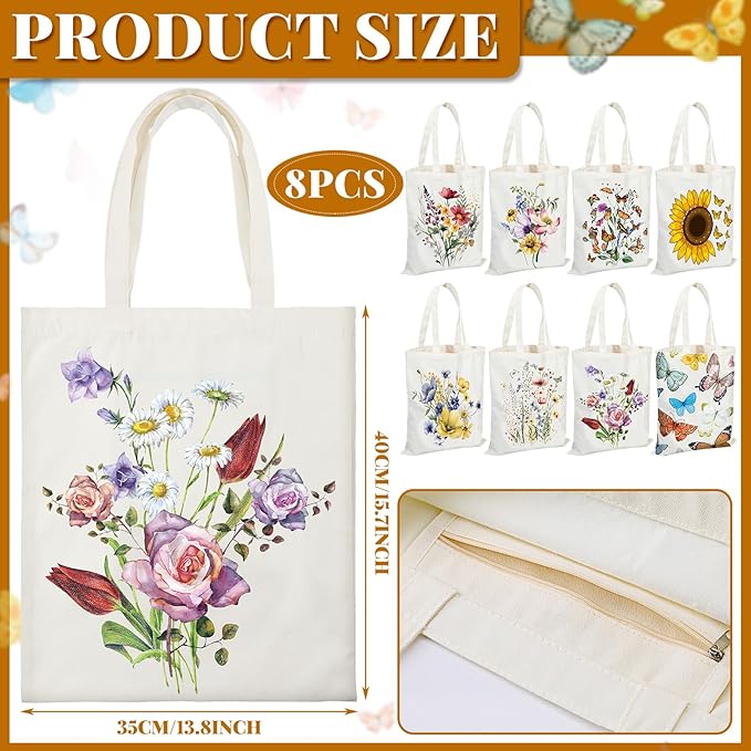 Sweetude 8 Pcs Christmas Book Lovers Club Gifts Bulk Canvas Tote Bags Bookish Librarian Reader Gift for Women Teacher Present(Butterfly)