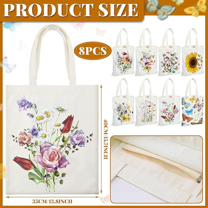 Sweetude 8 Pcs Christmas Book Lovers Club Gifts Bulk Canvas Tote Bags Bookish Librarian Reader Gift for Women Teacher Present(Butterfly)