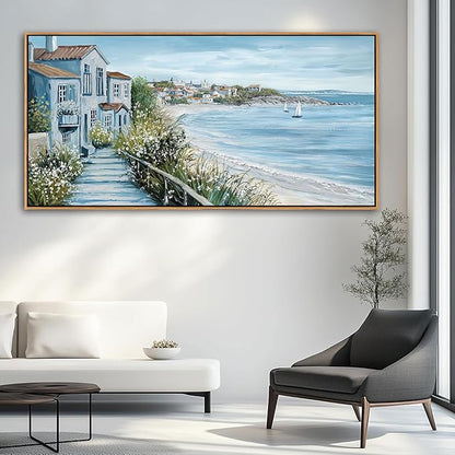 KLAKLA Coastal Decor Nautical Boat on Beach Canvas Picture Ocean Seagull Seascape Canvas Print Farmhouse Artwork for Seashore Bedroom Living Room Large Square Blue Teal 29x58 Inches