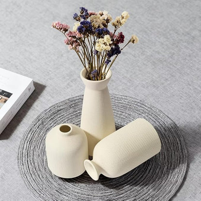 Christmas Ceramic Flower Vases Set of 3, Large Xmas Gift Vases with Vertical Stripe Texture, Modern Decorative Vases for Dried Flowers, Home Decor for Living Room Bedroom Kitchen Shelf(Beige)