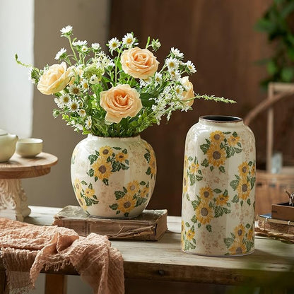 Vintage Round Pastoral Vase, 6.7 inch Yellow and Beige Sunflower Rustic Farmhouse Antique Ceramic Floral Vases, Retro Ice Cracked Chinoiserie Vase for Home Decor Living Room Bookshelf