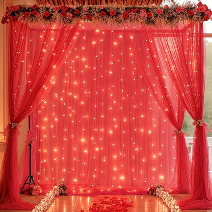 20×10ft Red Tulle Backdrop Curtain with Lights for Parties, Sheer Photo Backdrop Curtains for Wedding Party Photography Background