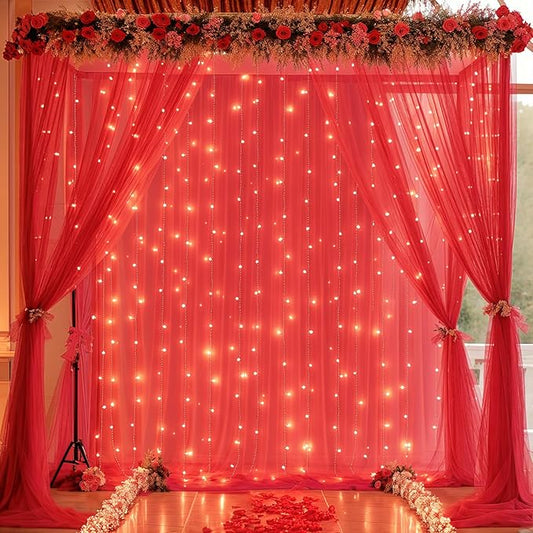 30×10ft Red Tulle Backdrop Curtain with Lights String for Parties, Sheer Photo Backdrop Curtains for Wedding Party Photography Background