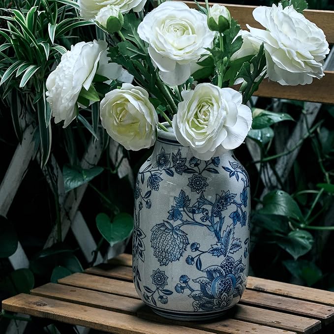 SIDUCAL Blue and White Vintage Vase, 9.4 Inch Ceramic Chinoiserie Floral Vase, Retro Ice Cracked Blue and White Porcelain for Home Decor Centerpieces, Living Room, Bookshelf, Office