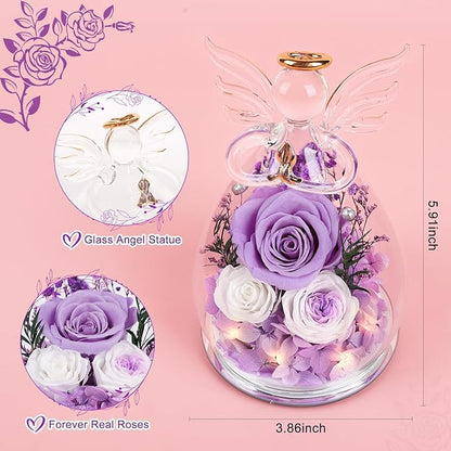 FIACO Gifts for Women Preserved Rose Forever Flower in Glass Angel Figurines Fresh Flowers for Delivery Prime Mothers Day Birthday Gifts for Mom Real Roses for Grandma Sister Wife Her from Daughter