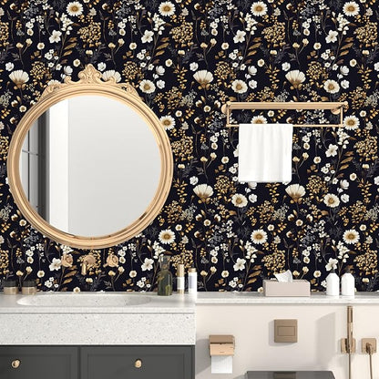 Dark Floral Peel and Stick Wallpaper Vintage Flower Contact Paper Vinyl Waterproof Self Adhesive Removable Retro Decor Black gold Botanical Wall Paper for Bedroom Walls Bookcase Drawers 17.5" x 118"