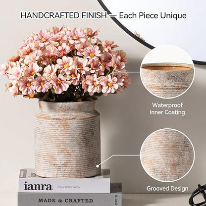 Ceramic Flower Vase 7.5 inch Farmhouse Rustic Vase for Home Decor Handcrafted Pottery Terracotta Vases for Dining Table Decor Fireplace Living Room Bathroom Wedding Centerpiece (L-Terracotta)