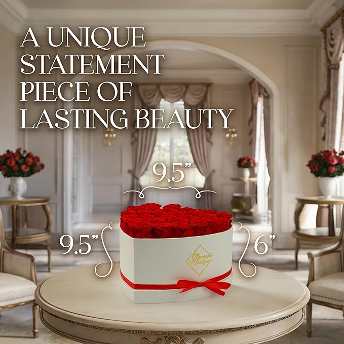 GLAMOUR BOUTIQUE Preserved Roses in a Box - Gifts for Her, Wife & Mom, Rose Flowers Forever Decor for Birthday Gift, Get Well Flower Bouquet Cased in White Box with Cover - Red - 27-Piece
