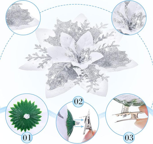 24 Christmas Glitter Artificial Poinsettia Flowers Xmas Poinsettia Artificial Wedding Flowers Decorations Xmas Tree Ornaments with Clips for Party Favors, 6 Inch, 4 Inch, 3 Inch (Silver and White)