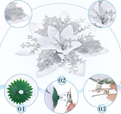 36 Pcs Christmas Glitter Artificial Poinsettia Flowers Xmas Poinsettia Artificial Wedding Flowers Decorations Xmas Tree Ornaments with Clips for Party, 6 Inch, 4 Inch, 3 Inch(Silver and White)
