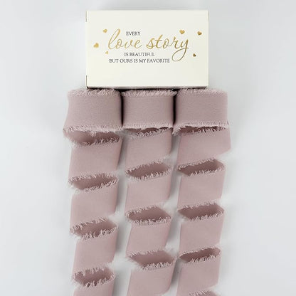 MEEDEE Dusty Rose Chiffon Ribbon 1 Inch Fringe Ribbons Pink Chiffon Silk Frayed Edge Ribbon Thin Chiffon Ribbons for Crafts, Gift Wrapping, Wedding Invitation (3 Rolls 21 Yards)