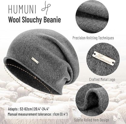 100% Wool Slouchy Beanie, Warm Beanie Hats for Women Breathable Knitting Skull Beanies Cap for Spring Fall Winter