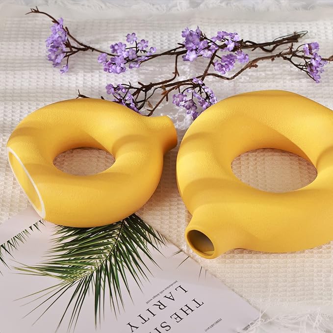 Yellow Vase Decor Donut Vase Set of 2 - Circle Hollow Vases, Modern Matte Ceramic Vases for Entryway Living Room Bedroom Dining Table Centerpiece Office Home Decor