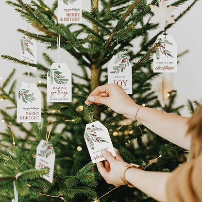 100 Pcs Merry Christmas Gift Tags Happy Holidays Paper Tag Watercolor Holly Xmas Hanging Label Tags with Hemp Rope for Xmas Season Gift Wrapping DIY Crafts, 4 Designs