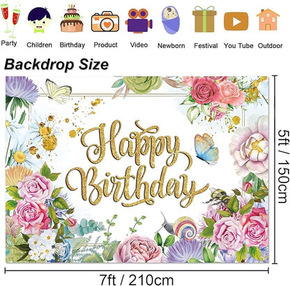 Flower Decoration Backdrop for Women Girl Birthday Party Spring Butterfly Happy Birthday Photography Background Greenery Pink Wildflower Banner 7x5ft