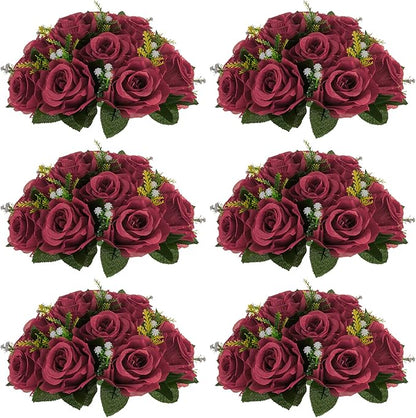 NUPTIO Flower Ball Arrangement Bouquet - 6 Pcs 9.5 inch Diameter Burgundy Fake Flowers Roses Balls for Centerpieces Tables - Artificial Rose Arrangements for Wedding Centerpiece Table Decorations