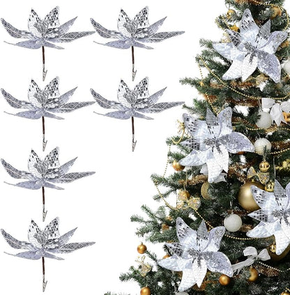 6 Pcs 10.6'' Christmas Large Silver Mirrored Poinsettias with Clips Artificial Glitter Poinsettias Flowers Christmas Tree Ornaments for Xmas New Years Eve Garland DIY Project Winter Wedding Decor