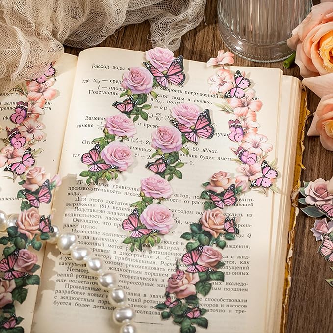 Butterfly Flower Long Strip Scrapbook Stickers Aesthetic Butterflies Flowers Collage Decorative Stickers For Scrapbooking Border Strips Vintage Floral Border Stickers For Journaling Scrapbook Supplies