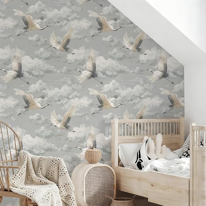 Peel and Stick Vintage Chinoiserie Animal Contact Paper Removable Grey Crane Wallpaper 17.7" x 118.11" Wall Paper Watercolor Self Adhesive for Classroom Bedroom Laundry Room Bathroom