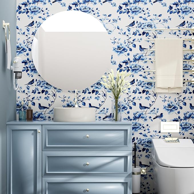 Blue Floral Wallpaper Peel and Stick Vintage Bird Leaf Contact Paper Self Adhesive Removable Modern Wall Mural Boho Wall Paper for Room Walls Cabinet Kitchen Decor 17.5in x9.8ft