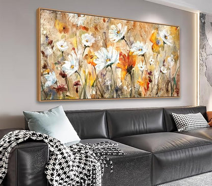 Framed Wall Art Wildflowers Canvas Wall Pictures Abstract Daisy Flowers Canvas Prints Orange Yellow Floral Landscape Painting Artwork for Living Room Bedroom Kitchen Home Office Decor 24"x 48"