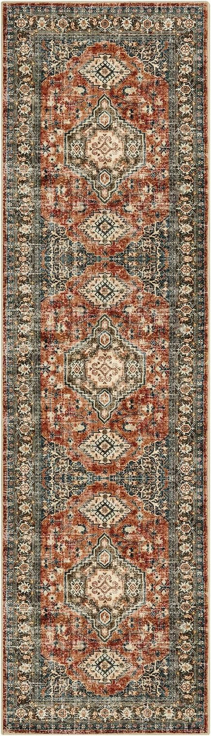 Lahome Oriental Washable Runner Rug Non Slip, 2x7 Rug Runners for Hallways Kitchen, Ultra-Thin Hallway Rugs for Laundry Room Bathroom Bedroom, Brick Red