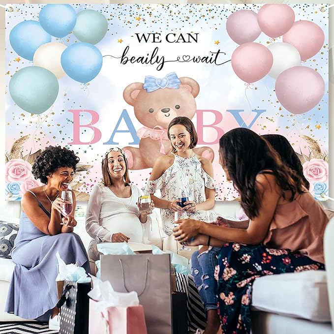 7x5ft Teddy Bear Gender Reveal Party Decorations, We Can Bearly Wait Baby Shower Backdrop, Blue Pink Balloon Floral Banner for Boy or Girl Baby Shower Photography Background