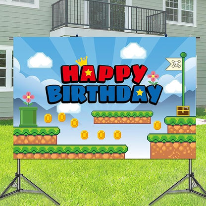 Cartoon Happy Birthday Backdrop, 150 * 100cm/5 * 3ft Video Game Themed Birthday Banner Cute Wall Hanging Decoration for Party Celebration Supplies
