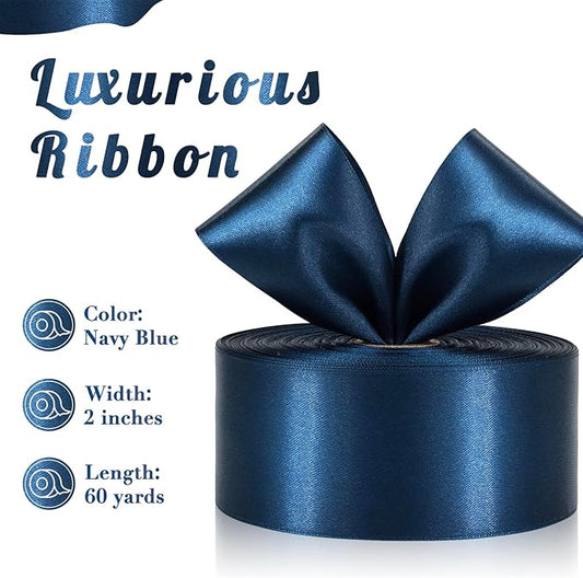 Navy Blue Ribbon 2 Inch 60 Yards, Deep Blue Satin Ribbon for Flower Bouquet, Crafts, Gift Wrapping, Baby Shower, Christmas, Easter, DIY Bows and Wedding