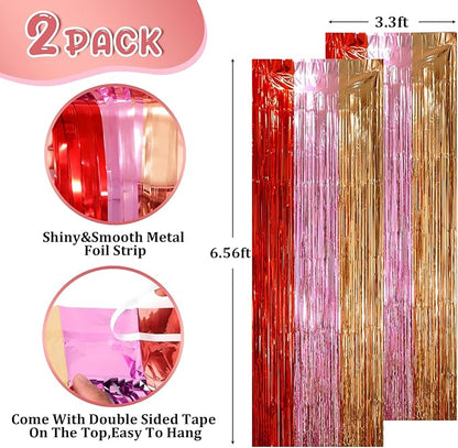 2 Pack Valentine Foil Fringe Backdrop Curtains, Tinsel Streamers Party Decorations, Fringe Backdrop, Door Shimmer for Valentine or Birthday Party