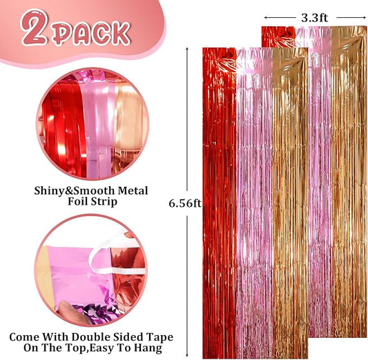 2 Pack Valentine Foil Fringe Backdrop Curtains, Tinsel Streamers Party Decorations, Fringe Backdrop, Door Shimmer for Valentine or Birthday Party