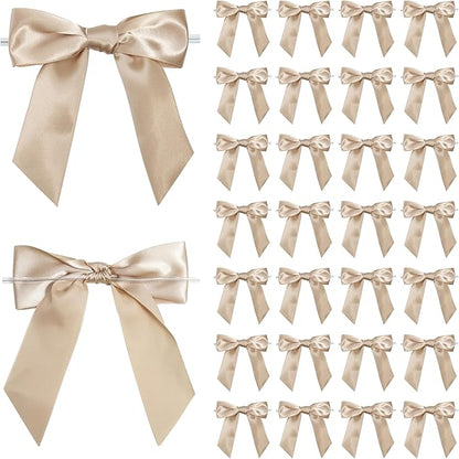 Champagne Satin Ribbon Twist Tie Bows 5 Inch Pre-Tied Champagne Gold Gift Bows for Crafts, Treat Bags, Party Favors, Wedding, Baby Shower, Candy Apple, Christmas Tree (36 Pack)