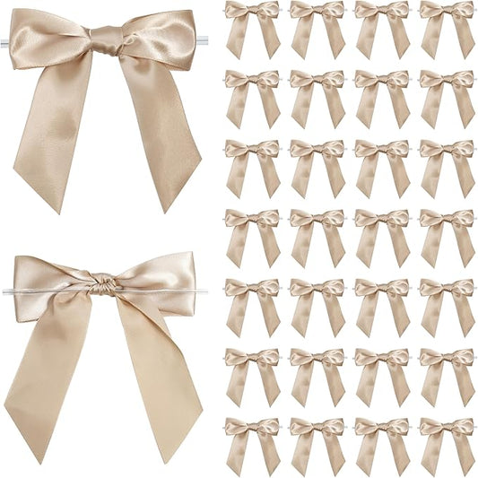 Champagne Satin Ribbon Twist Tie Bows 5 Inch Pre-Tied Champagne Gold Gift Bows for Crafts, Treat Bags, Party Favors, Wedding, Baby Shower, Candy Apple, Christmas Tree (36 Pack)
