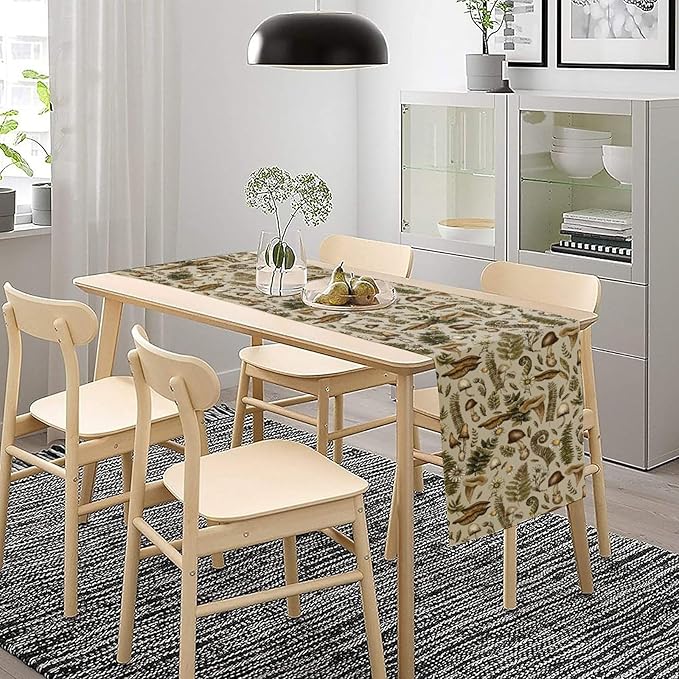 Vintage Woodland Mushroom Table Runner, Rustic Forest Green Plants Wild Mushroom Ferns Daisy Print Kitchen Dining Table Runners for Indoor Outdoor Home Party Holiday Decor, 13x108inch